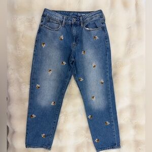GAP Blue Denim Jeans with White & Brown Floral Embroidery